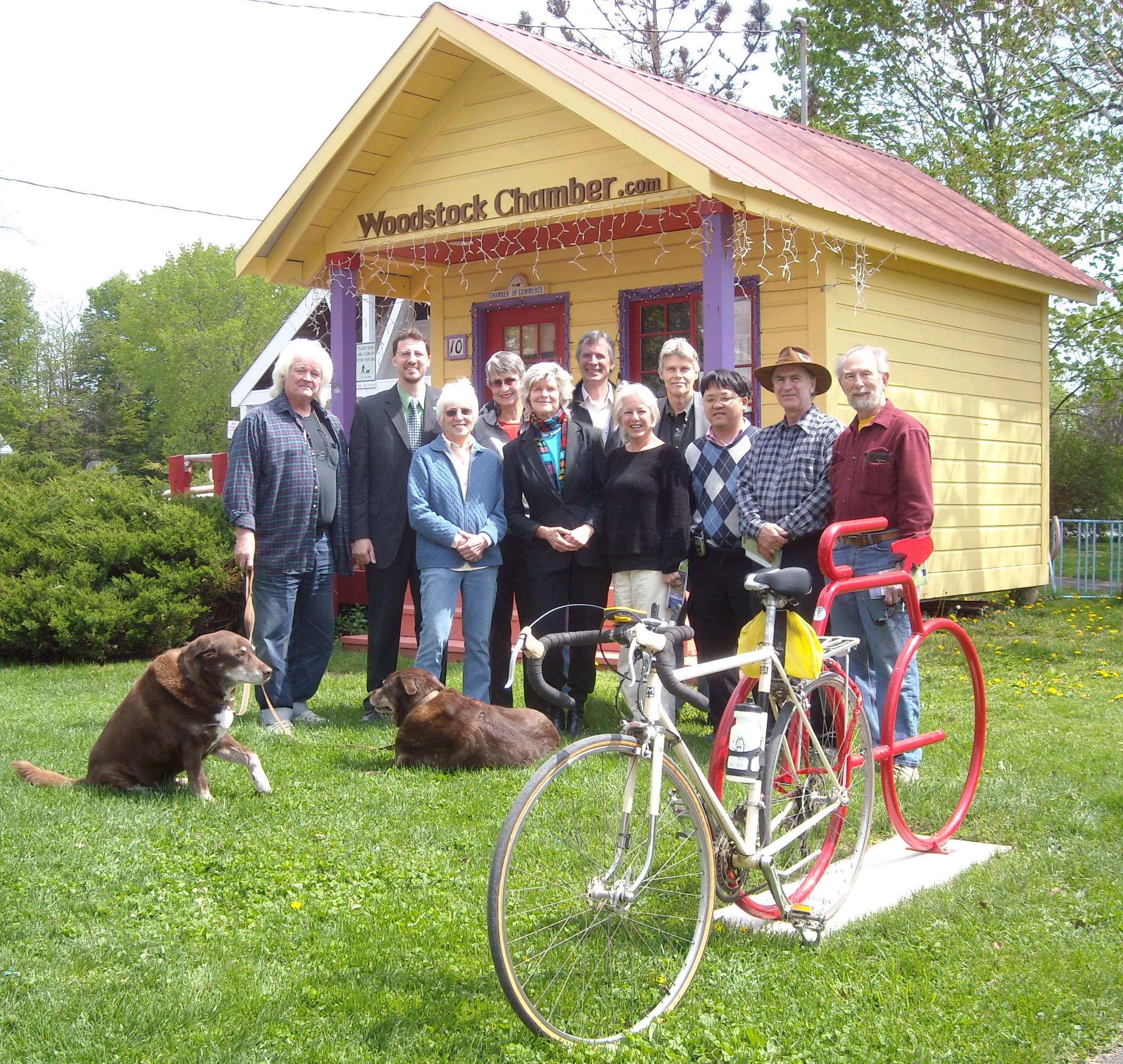 Members of the Woodstock Town Council and Chamber of Commerce with bike rack on 4/22/10